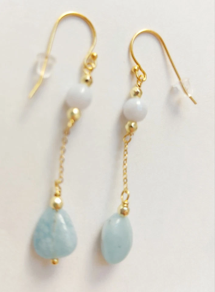 Orecchini pendenti in argento 925 laminato oro calcedonio acquamarina e ematite - Immagine 3 di 4