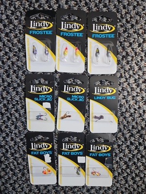 Lot Of 9 Packs Of Lindy Ice Fishing Jigs Frostee Micro Slick Lindy Bug Fat Boys