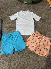 The Childrens Place Boys Swim Trunks x 2 w/white swim shirt 5/6 great condition