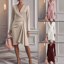 Elegant Slim-Fit Pleated Long Sleeve Dress Women's V-Neck Midi Dress Free Ship