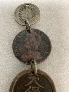 Antique Coin Pendant Lot German 1876 Pfennig British Georgian Token JapaneseOval