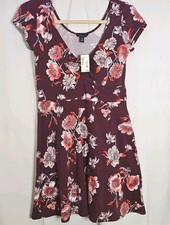 NWT Aeropostale Floral Skater Dress Burgundy Maroon Coral Cap Sleeve Sz Med