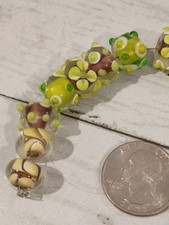 15Q Glossy Green Brown and White Bumpy Handmade Lampwork Glass Beads