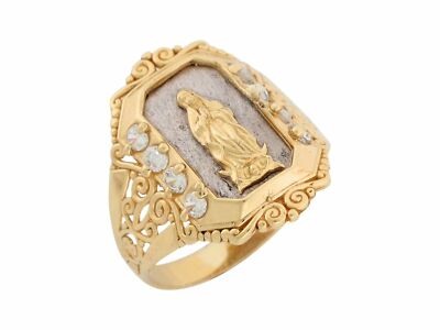 10k or 14k Two Tone Gold White CZ Religious Lady Guadalupe Mens Ring | eBay