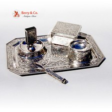 Acid Etched Desk Smoking Set 5 Pcs Sterling Silver William Kerr 1890