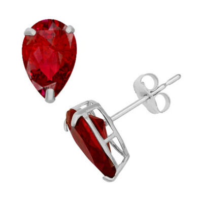 Solitaire Stud Earrings Simulated Ruby 14K White Gold Plated 925 Sterling Silver
