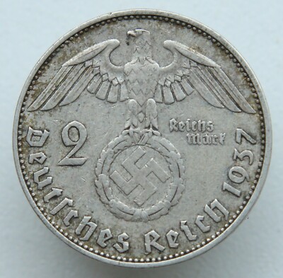 1937 GERMANY 2 MARK A DEUTSCHES REICH SILVER COIN HINDENBURG | eBay