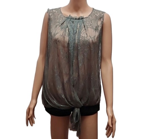 Blouse Dentelle Femme Vert Clair Sans Manches - Taille M, Devant Lacé, Très Bon état