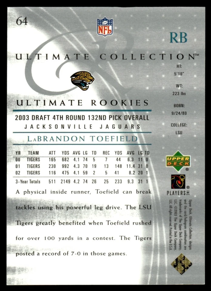 2003 Upper Deck Ultimate Collection LaBrandon Toefield Rookie 373/750 - Image 2 of 2