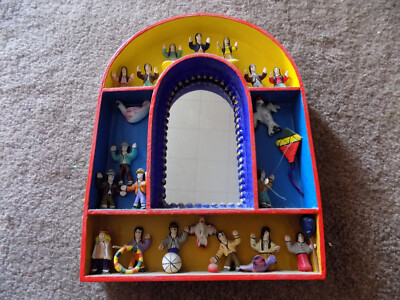 Peruvian Folk Art Mirror Carved Figures Kites Birds kids Scene Box Display 3D