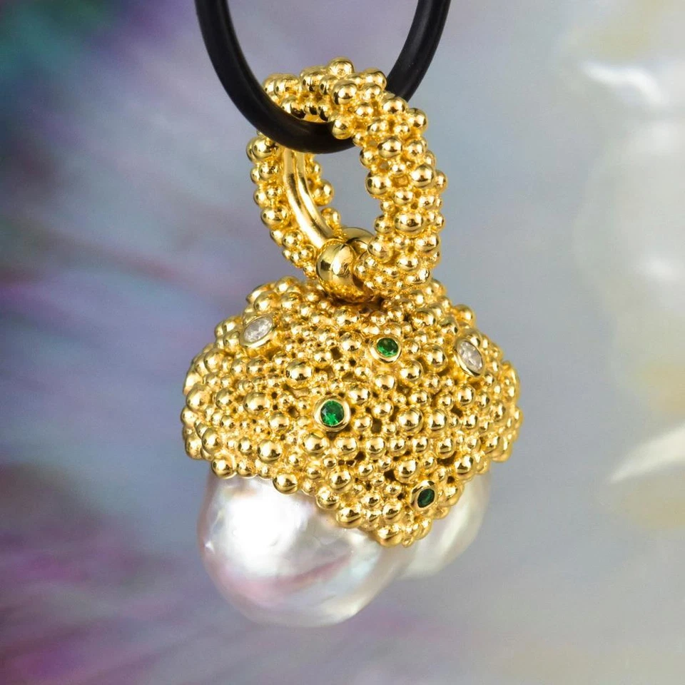 Gigantische South Sea Pearl Pendant Gold Vermeil Sterling, Diamant - & Smaragd - Bild 2 von 4