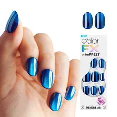 KISS IMPRESS COLOR FX PRESS ON NAILS ONE STEP MANICURE RECONNECT BLUE OVAL SHORT