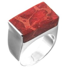 Heavy Square Red Coral Shell Handmade 925 Sterling Silver Ring