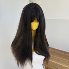 Black Brown Cosplay Wig With Bangs Long Straight Heat Resistant Hair Layered