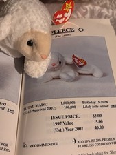Ty Beanie Baby Fleece Lamb Beanbag Plush Original Tag 1996 PE 4th Gen - 4125