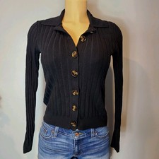 Ann Taylor Ribbed Cardi Sweater Collared Womens XS Minimalist Black Stretch