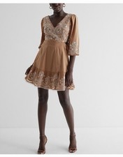 Express Brown Embroidered A-Line Short Dress Puff Sleeve Party/Cocktail