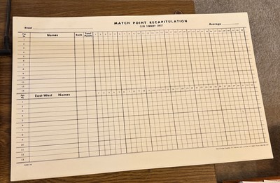 Match Point Recapitulation Club Summary Pad 40 Sheets ,Baron Bridge Supplies