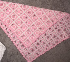 Crochet Pink  White Baby Blanket With Grid Design Handmade Soft Acrylic 46x39