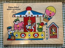 Vintage Fisher-Price Merry-Go-Round Wooden Puzzle w/Peg Lift 514 12 Pieces 1972