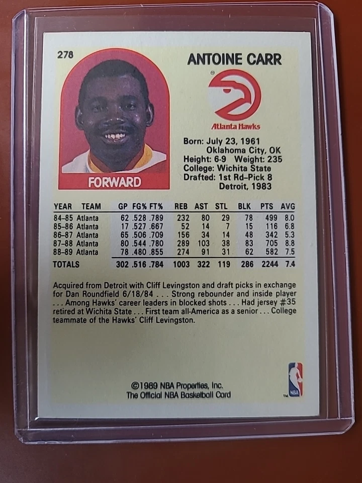 1989-90 NBA Hoops - Antoine Carr #278 IP Autograph Auto Signed Hawks Sharp Rare! - Image 2 of 2