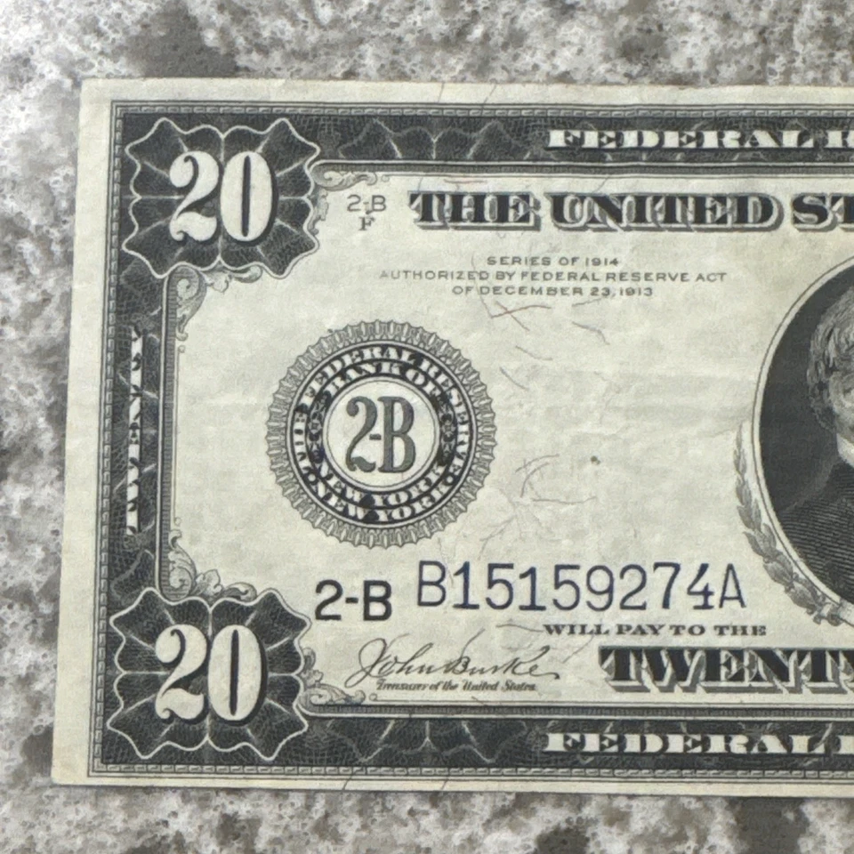 1914 $20 Federal Reserve Note – Blue Seal – Grover Cleveland- Large Bank Note - Image 2 of 4