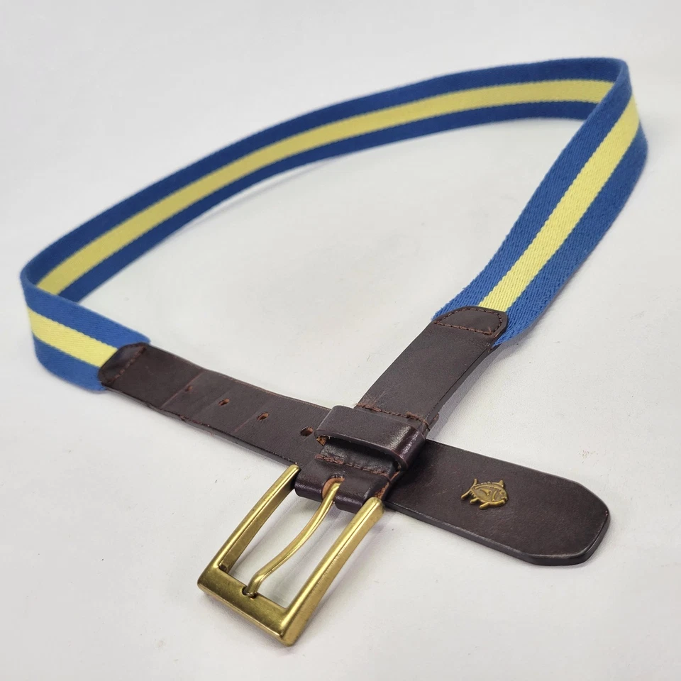 Cinturón Southern Tide Ribbon 40 Rayas Lona Cuero Azul Amarillo Preppy Foto 3 de 4