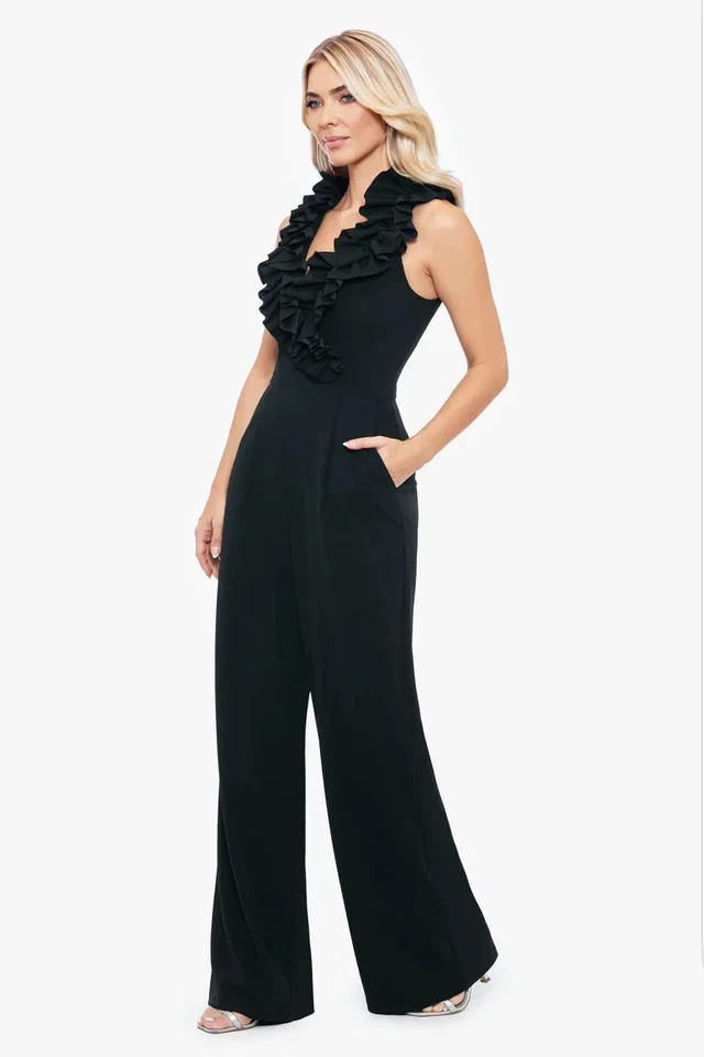 Xscape Black Ruffle Neck Scuba Crepe Jumpsuit Size 10 $228 - Image 2 of 3