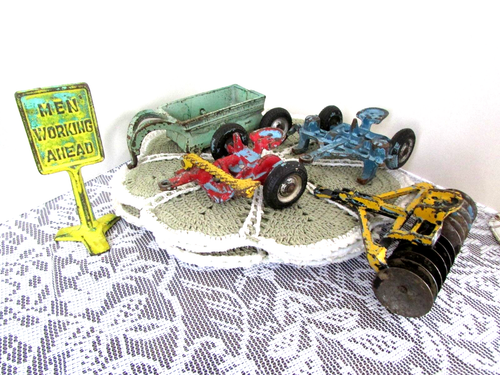 ARCADE vintage iron tractor attachments, 4 & "Men Working" sign (office bx g)
