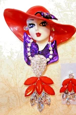 Lady Face Porcelain-Look pin Brooch handmade Red Hat Society
