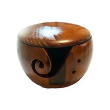 NEW Yarn Bowl w/ Cover HOOKS INCLUDED Crochet Knitting Solid Wood Carved