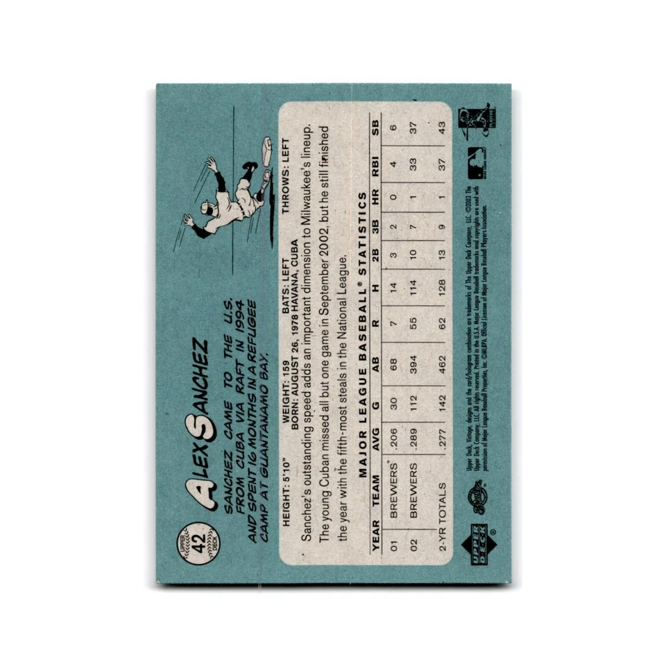 2003 Upper Deck Vintage Alex Sanchez Brewers #42 - Image 2 of 3