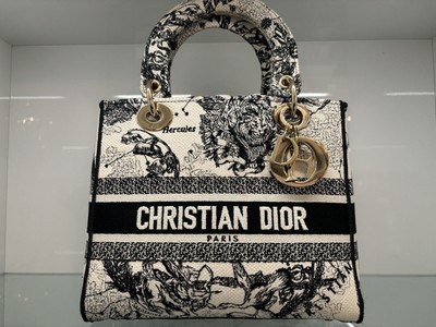 Christian Dior Black & White Embroidered Toile De Jouy Zodiac Lady D-lite Gold