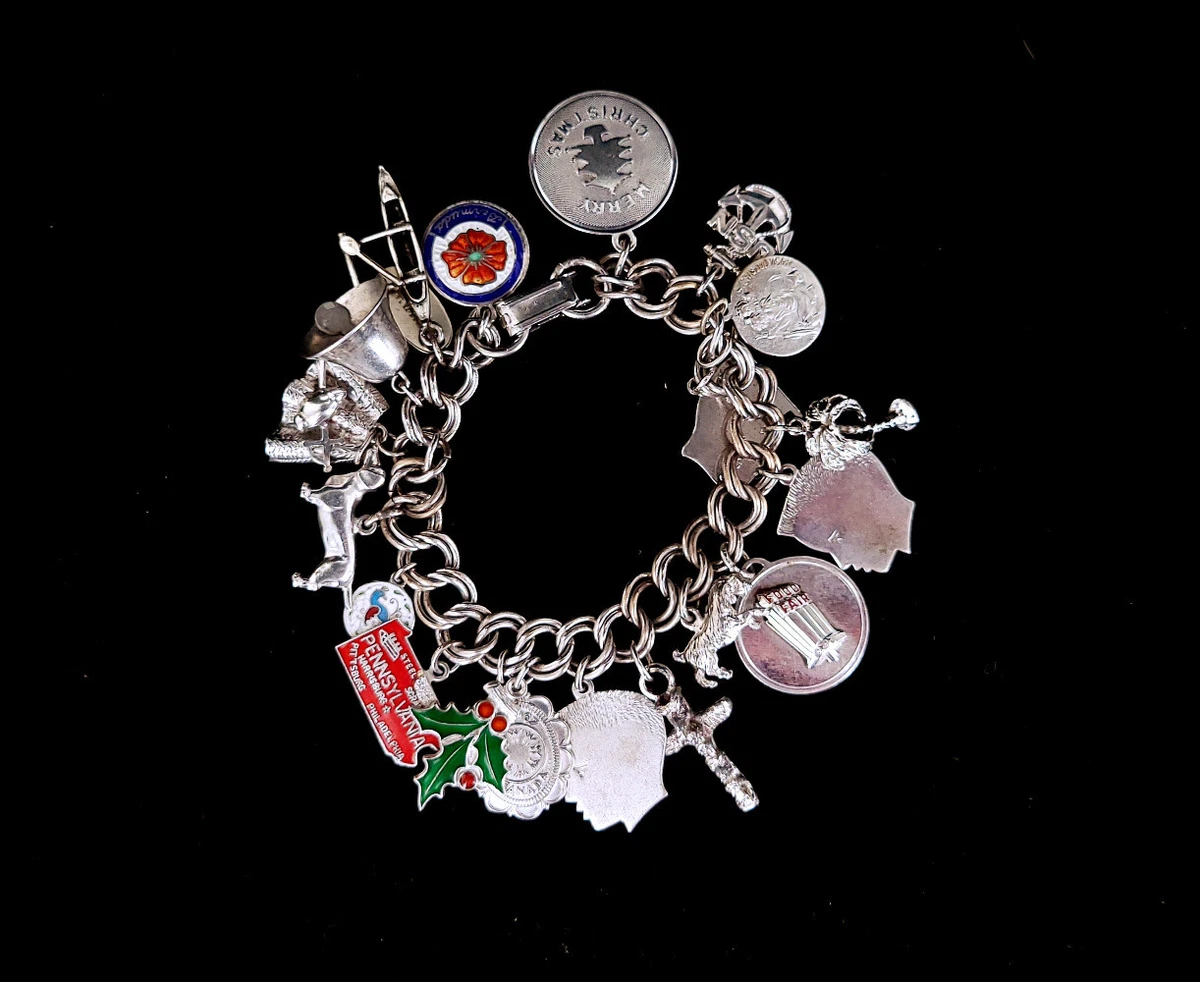 Vintage Sterling Silver 20 Charms Traveling Canada New York Charm Bracelet 6