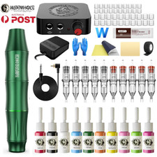 Wormhole Tattoo Machine Kit Rotary Motor Pen 10 Color Inks Power Supply Needle