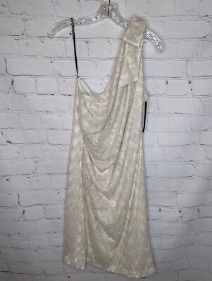 David Meister Women's One Shoulder Sleeveless Evening Dress Gold Beaded Bow 14
