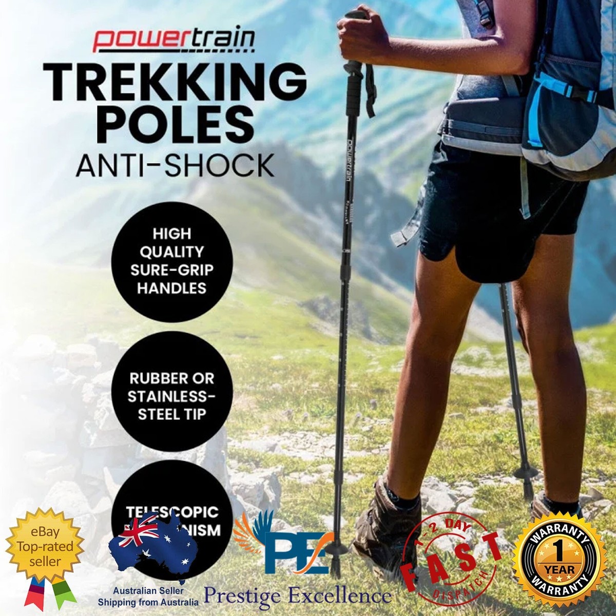 Powertrain Trekking Hiking Walking Poles Sticks Pair Telescopic