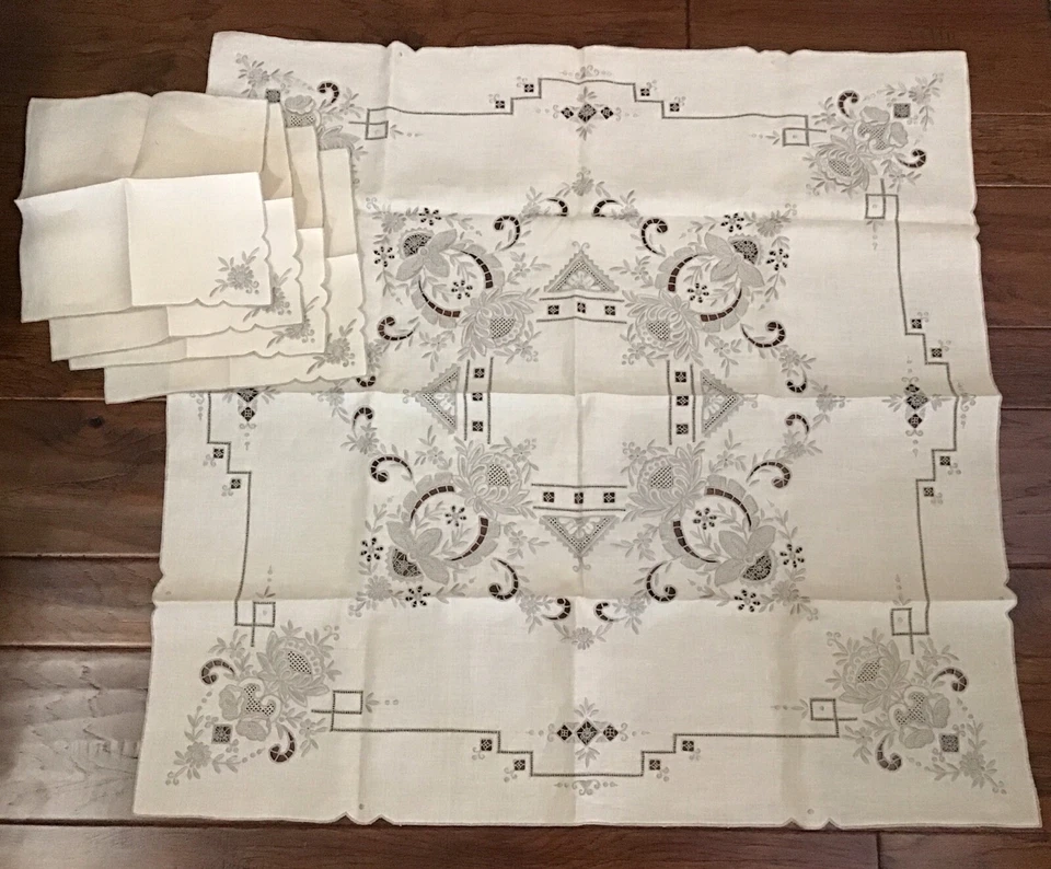 "Mantel de lino cuadrado 34"" y 4 servilletas vintage Madeira bordado a mano nuevo" - Imagen 3 de 4