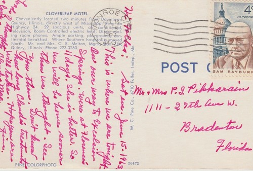CLOVERLEAF MOTEL QUINCY, ILL POSTCARD 1960's Cloverleaf on Bedspread, Multi-View - Picture 2 of 2