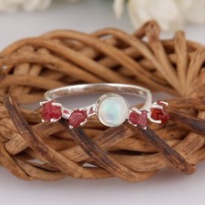 Genuine Ruby and Opal Gemstone Band Ring 925 Sterling Silver Birthstone Rings