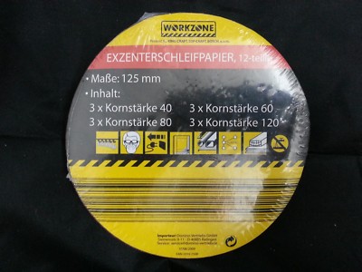12 Workzone Exenterschleifpapier je 3 x Kornstärke 40, 60, 80 u. 120 Ø 125 mm