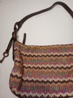 FOSSIL KEY PER multi zig zag straw woven shoulder bag with leather Look Trim
