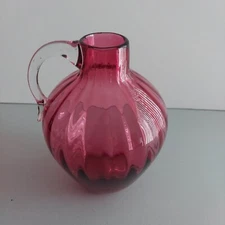 Vtg. Cranberry Glass Jug Style Pitcher Vase  w Clear hdl. -  Handblown Art Glass