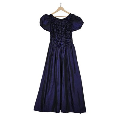 Vintage 80s Simco Formalwear Dress 10 Purple Black Puff Sleeve Maxi Gown