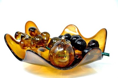 Vintage Hand Blown AMBER GLASS GRAPES LEAVES CLUSTER BUNCH Apple & Fluted Bowl