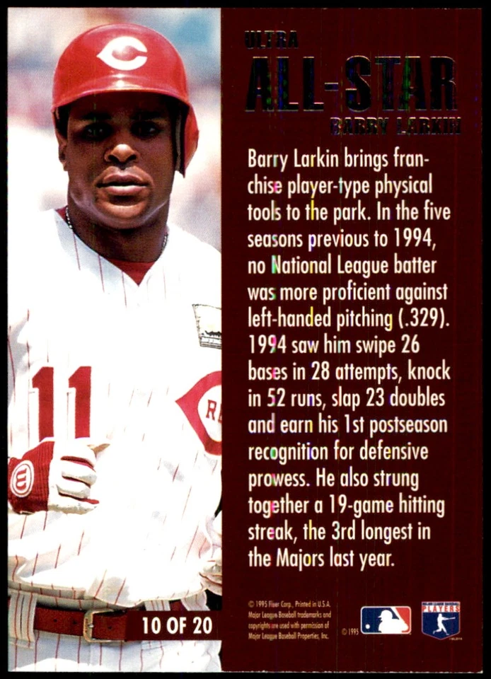 Barry Larkin 1995 Ultra #10 Cincinnati Reds MLB READ FREE SHIPPING AutographDen - Image 2 of 2