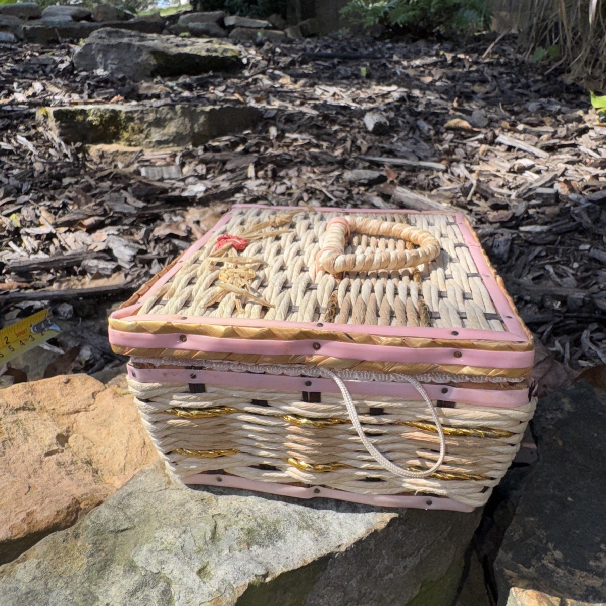 VINTAGE WICKER WOVEN SEWING BASKET-JAPAN- Handle Flowers Pink