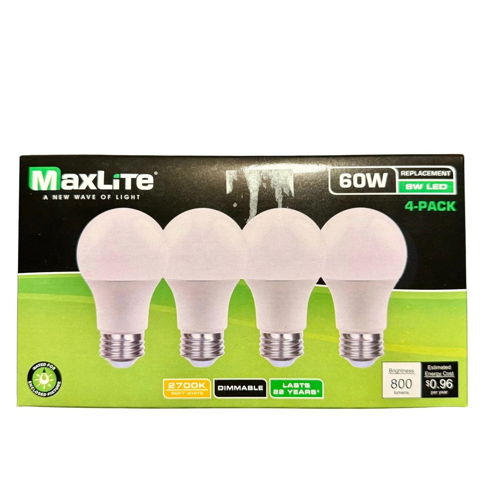 4 Pack Maxlite 8W LED Bulb = 60 watt replace A19 Daylight 50