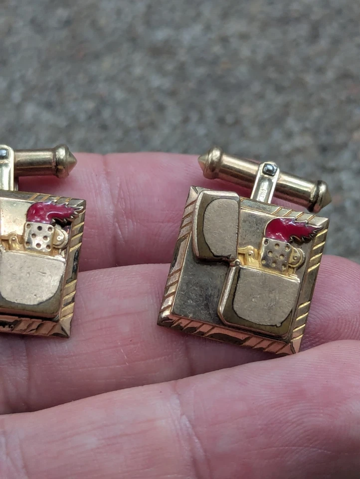 Rare Zippo 10K Gold Filled Dealer Sales Award Cufflinks Enamel Cuff Links 1949s - Image 3 of 4