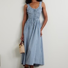 NWT Doen Emmaretta Cotton Voile Smocked A Line Midi Maxi Dress Blue Gingham